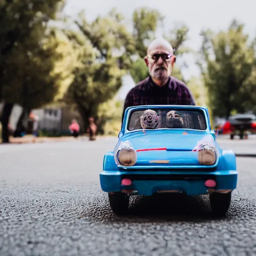 Image similar to john malkovich driving a toy car, canon eos r 3, f / 1. 4, iso 2 0 0, 1 / 1 6 0 s, 8 k, raw, unedited, symmetrical balance, wide angle