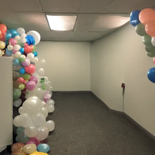 Prompt: photo of the backrooms with balloons