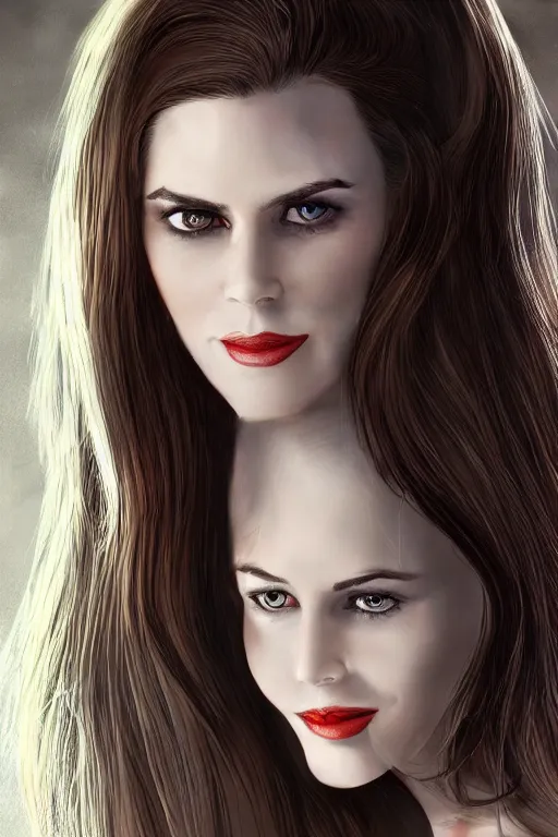 Image similar to mix of beautiful young maria shriver, mariel hemmingway, brooke shields, nicole kidman and elle macpherson as a vampire showing vampire teeth, ready to bite, thin lips, hair tied up in a pony tail, dark blonde hair, colorful, deviantart, artstation, cgsociety