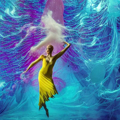 Image similar to woman dancing underwater wearing a flowing dress made of blue, magenta, and yellow seaweed, delicate coral sea bottom, swirling silver fish, swirling smoke shapes, bryce render, caustics lighting from above, cinematic, hyperdetailed