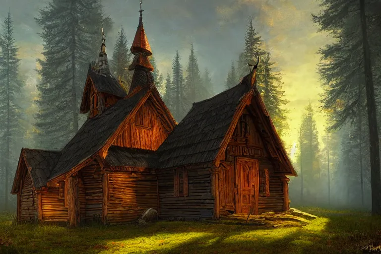 Image similar to small black wooden stave church in pine forest, very detailed, focused, oil painting, colorful, cinematic lighting, canvas, artstation, Vsevolod Ivanov, Albert Bierstadt
