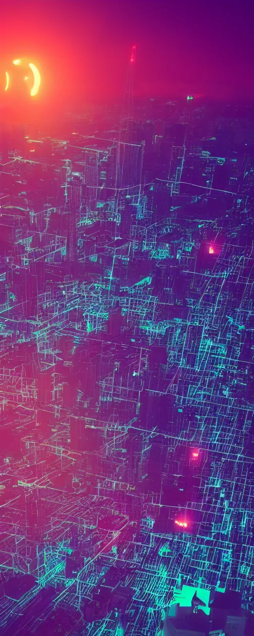 Image similar to night city, neon lights, retrowave grid, sunset