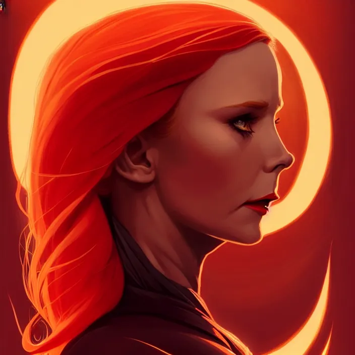 Image similar to style artgerm, joshua middleton, gerald brom, beautiful kristen bell with dark red dress, very long orange hair, symmetrical face, symmetrical eyes, fire powers fire swirling, detailed, volcano setting, cinematic lighting