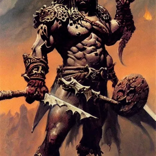 Image similar to barbarian necromancer in heroic pose,dnd, mtg,very detailed painting by Frank Frazetta