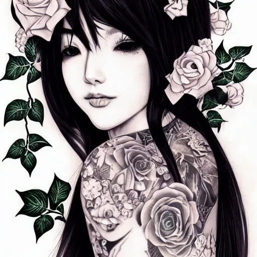 Image similar to tattoo design, stencil, beautiful japanese girls face, roses and ivy surrounding, looking over shoulder by artgerm, artgerm, cat girl, anime