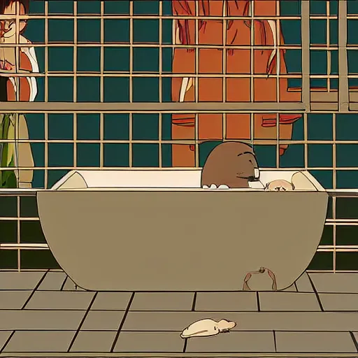 Prompt: capybara in the bathtub from the movie spirited away by hayao miyazaki, studio ghibli, animated movie, anime, beautiful animation, illustration