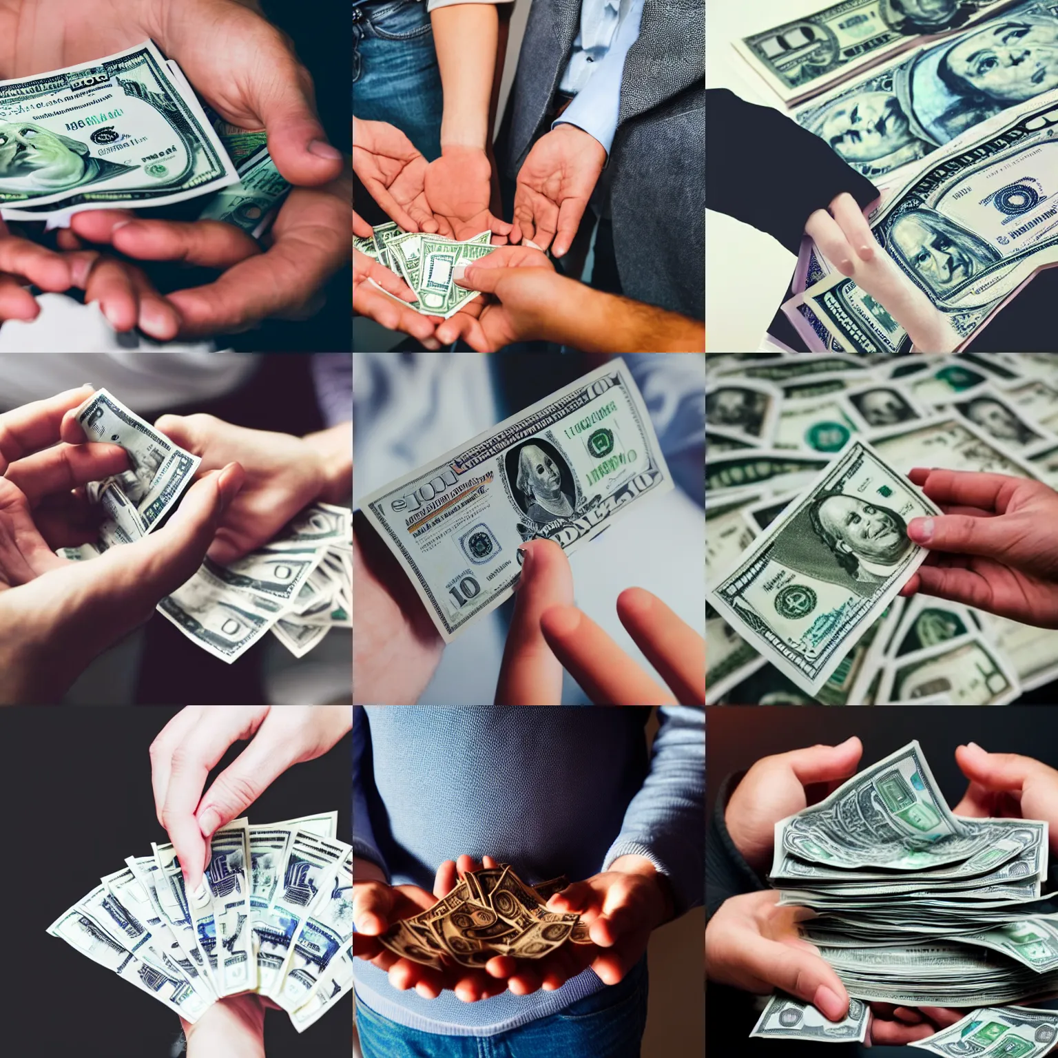 Prompt: a close up shot of a human hand holding an unusually night amount of money in their hands, professsional photography