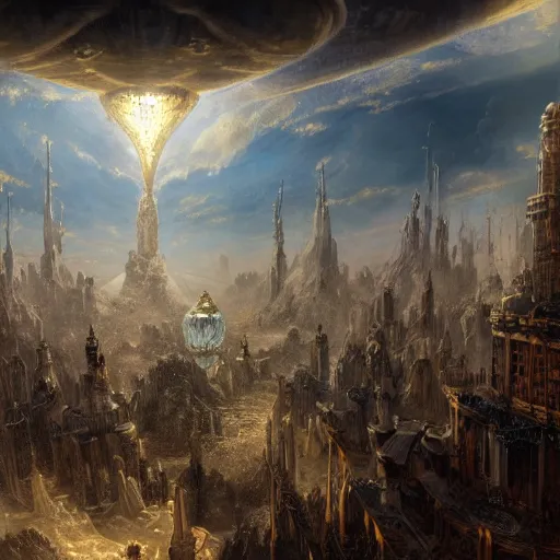 Image similar to enormous flying city in a faberge egg, sky, steampunk, fantasy art, masterpiece, hugh ferriss, unreal engine, peder balke, andreas achenbach cloudy background