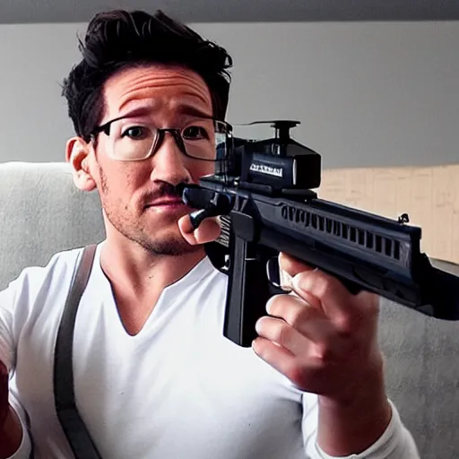 Image similar to Markiplier with a shotgun, photorealistic, cinematic lighting, shot on iphone