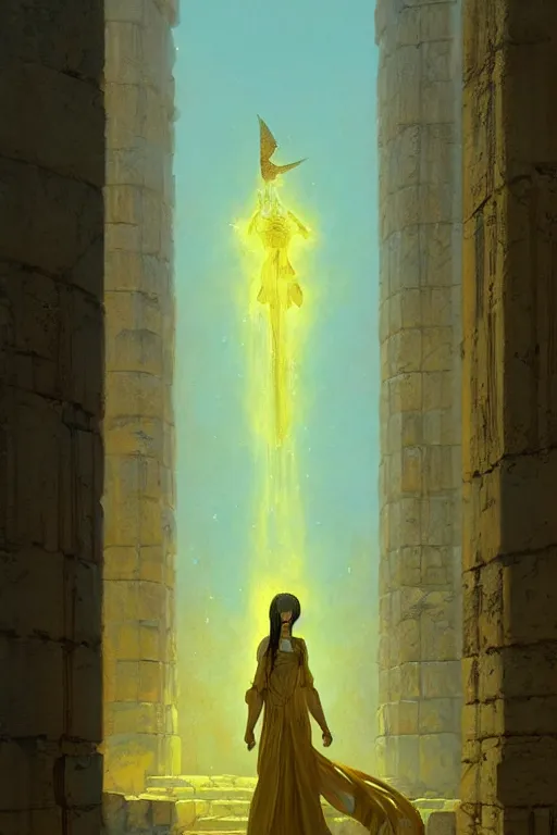 Prompt: possessed woman wearing an ancient greek tunic made of yellow paper, stephen bliss, fantasy art by greg rutkowski, rhads, ferdinand knab, makoto shinkai and lois van baarle, ilya kuvshinov, rossdraws, tom bagshaw, global illumination, radiant light, ancient greek temple ruins, green blue color theme