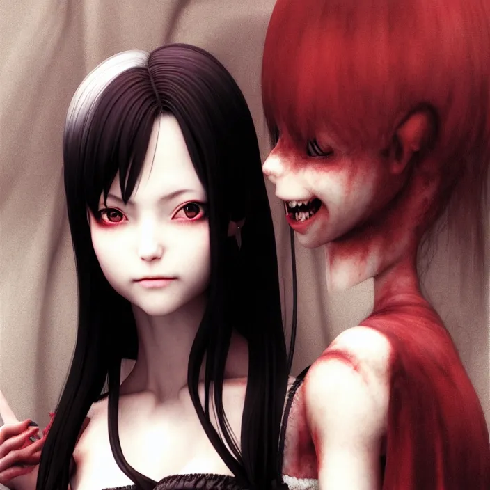 Image similar to renaissance portrait of the secretive vampire girl loner smiling at her next victim, by katsuhiro otomo, yoshitaka amano, nico tanigawa, and artgerm rendered with 3 d effect.