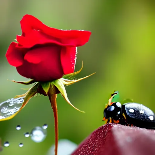 Prompt: A close up of a rose, with water droplets on it, and a ladybug crawling on it. The rose is a deep red, and the background is blurred. The photo is taken with a 50mm lens, and has a deep depth of field