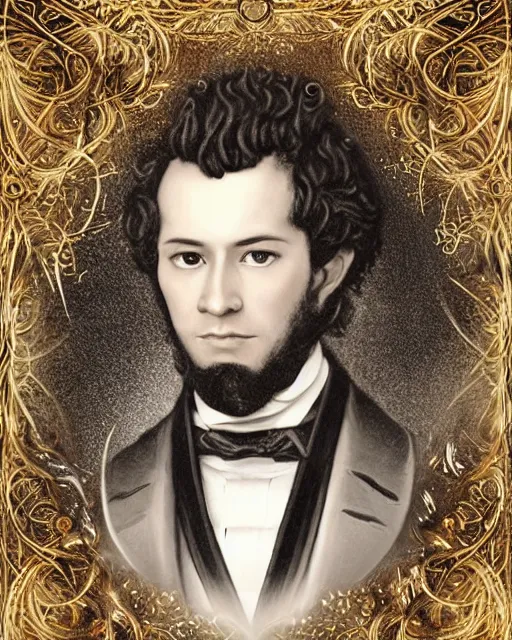 Image similar to a highly detailed portrait of Alexandr Pushkin as a devious male magician radiating a powerful energy aura, ornate back tuxedo, wispy tendrils of smoke, swirling vortex of energy, performance art, intricate, digital painting, old english, raining, sepia, particles floating, whimsical background by marc simonetti, art by artgerm and greg rutkowski and alphonse mucha