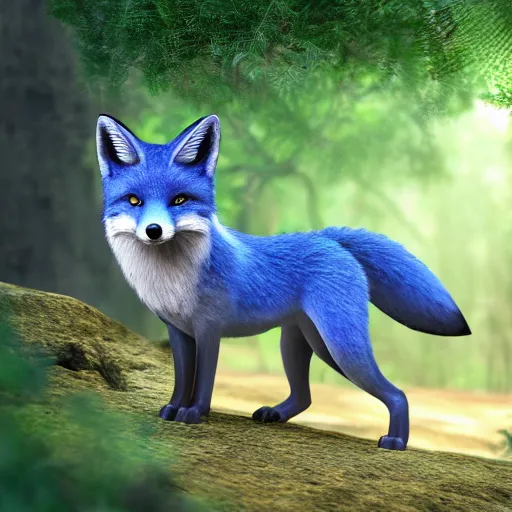 Image similar to A blue Fox in a lush forest, 8k, raytracing, hyper realistic, high detail,