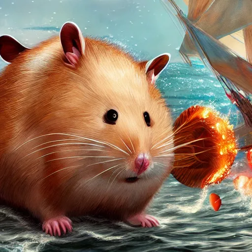 Image similar to giant hamster in the middle of the sea, fantasy art, illustration, epic, fantasy, intricate, hyper detailed, artstation, concept art, smooth, sharp focus, ray tracing