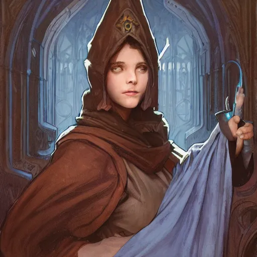 Prompt: portrait of a female wizard with brown hair wearing a blue hood and blue robe exploring a dark and sinister medieval village, fantasy, highly detailed, digital painting, artstation, concept art, character art, art by greg rutkowski and tyler jacobson and alphonse mucha