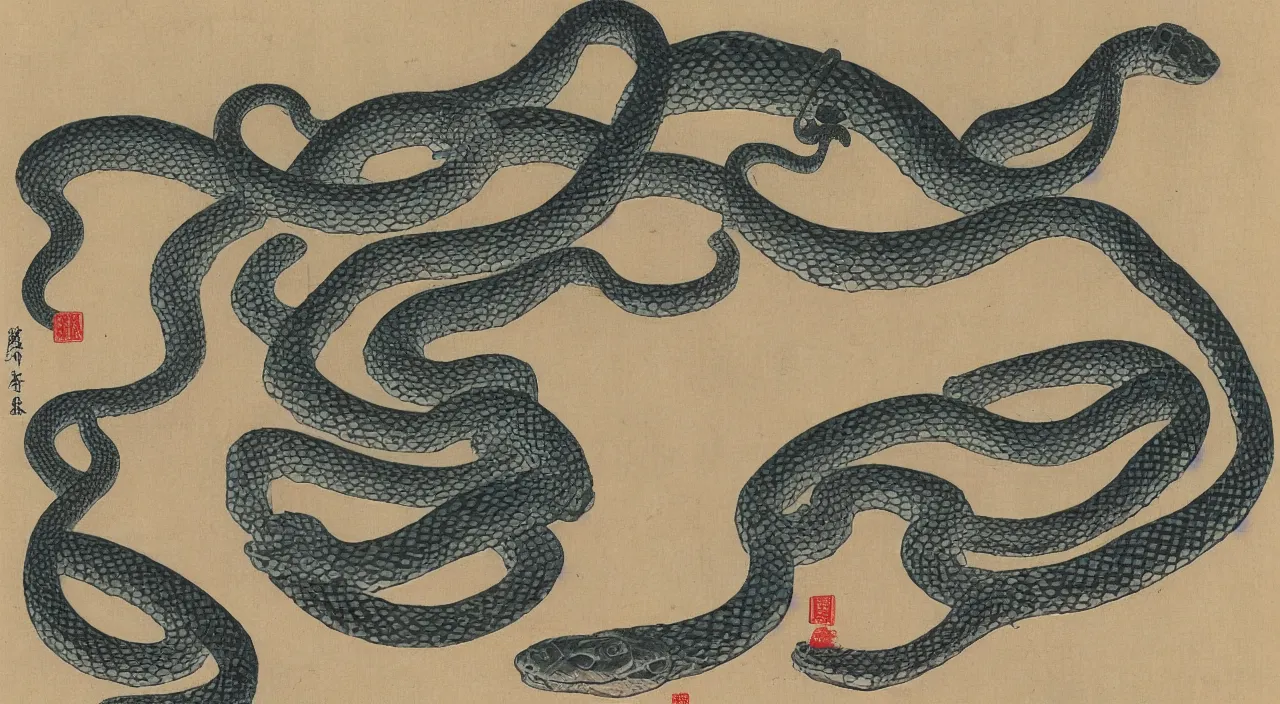 Prompt: a snake approaching a human by oi, katsushika