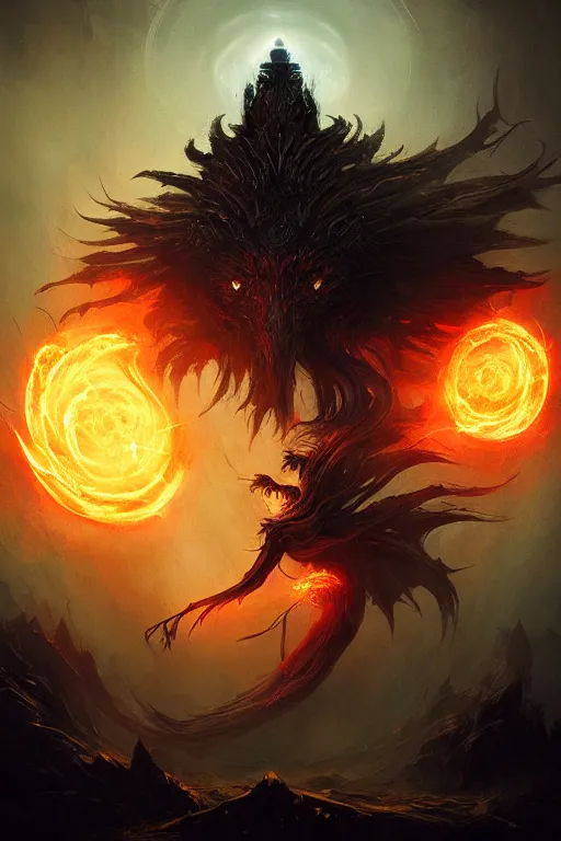 Image similar to Black Orb of Fire, digital art, fantasy, magic, trending on artstation, illustration by Seb McKinnon and Peter Mohrbacher, ultra detailed, atmospheric, powerful presence, bossfight, unsettling