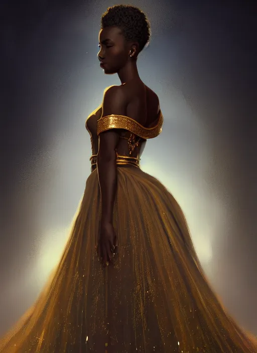 Prompt: full body portrait of young black woman as a princess, beautiful long flowing gown, intricate, beautiful gleaming jewels, highly detailed, digital painting, artstation, concept art, smooth, sharp focus, illustration, art by wlop, mars ravelo and greg rutkowski