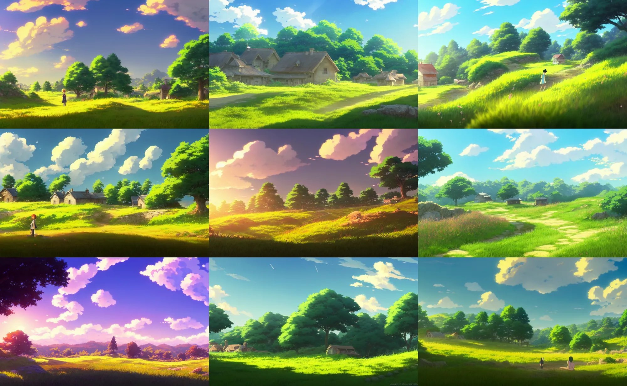 Prompt: an anime movie background matte painting of a meadow in the countryside, rolling hills, cottages, farmland, flagstone road, by Makoto Shinkai, trending on Artstation, highly detailed