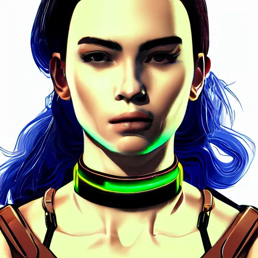 Image similar to headshot artwork of cyberpunk woman wearing thick steel choker, 4K, collar on neck, realistic, artstation, neon,