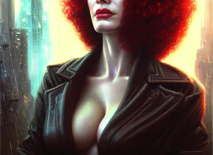 Image similar to portrait shot of christina hendricks in bladerunner wearin a cyberpunk costume, intricate, elegant, highly detailed, centered, digital painting, artstation, concept art, smooth, sharp focus, illustration, artgerm, tomasz alen kopera, peter mohrbacher, donato giancola, joseph christian leyendecker, wlop, boris vallejo