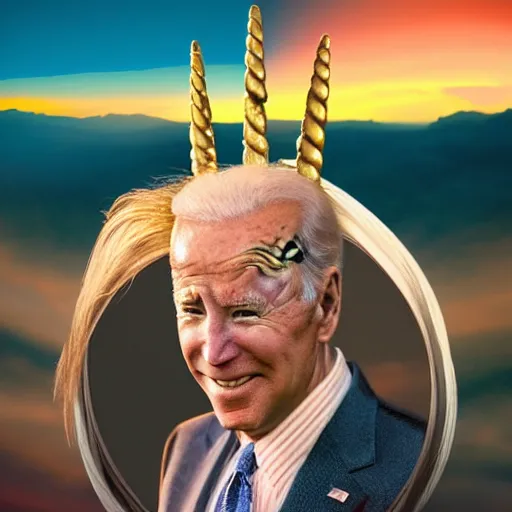 Prompt: unicorn with the head of joe biden in the sunset, detailed, photoshop