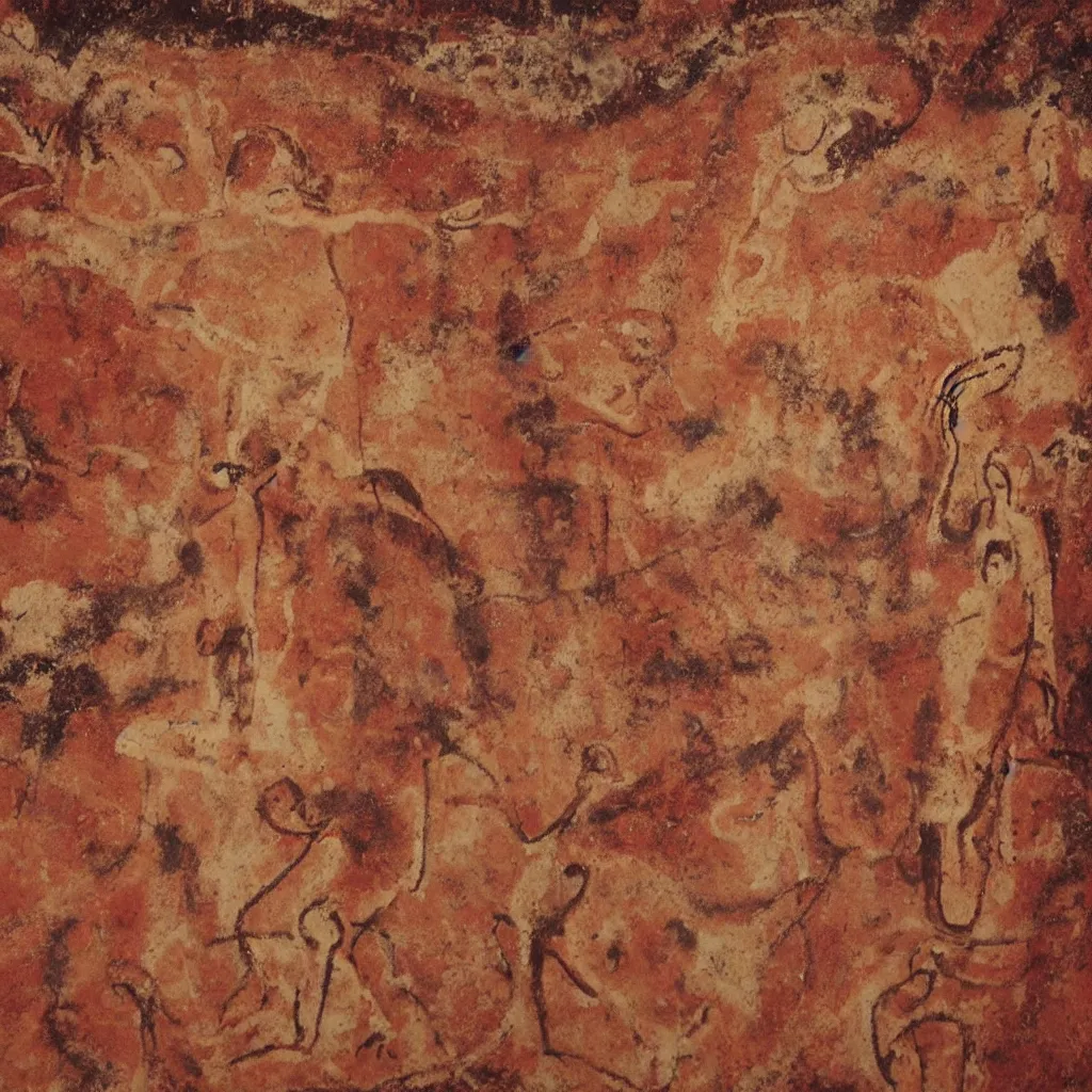 Prompt: Cave painting of bo burnham making music, prehistoric art in red ochre from from Lascaux Cave