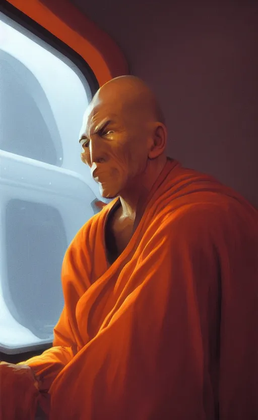 Image similar to portrait of a blind monk in a spaceship, looking out the window, orange robe, dramatic lighting, artstation, matte painting, ralph mcquarrie