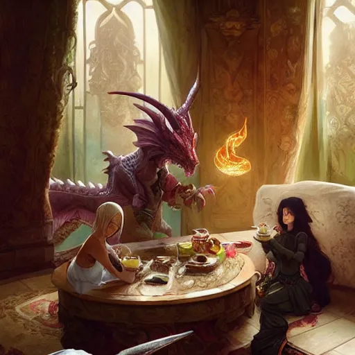 Prompt: A dragon having tea with a captive princess in his lavish treasure laden lair, digital painting, detailed, artstation, Krenz Cushart, Greg Rutkowski, Alphonse Mucha, Artgerm