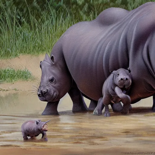 Prompt: animal friends baby hippo and baby rhino playing together in the mud detailed painting 4k in the style of mark brooks