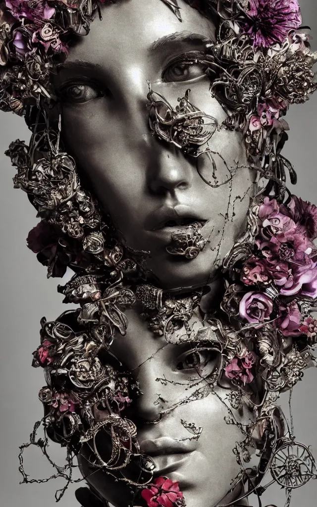 Prompt: A sculpture made of metal and flower, portrait, female, cyberpunk queen, Harpers Bazaar, Vogue magazine, insanely detailed and intricate, concept art, close up, clear face