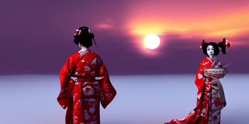 Prompt: a full body geisha with a cat skull head, wearing a red kimono, standing in center of the snow with a massive red sun setting on the horizon cinematic octane render 8 k trending on artstation