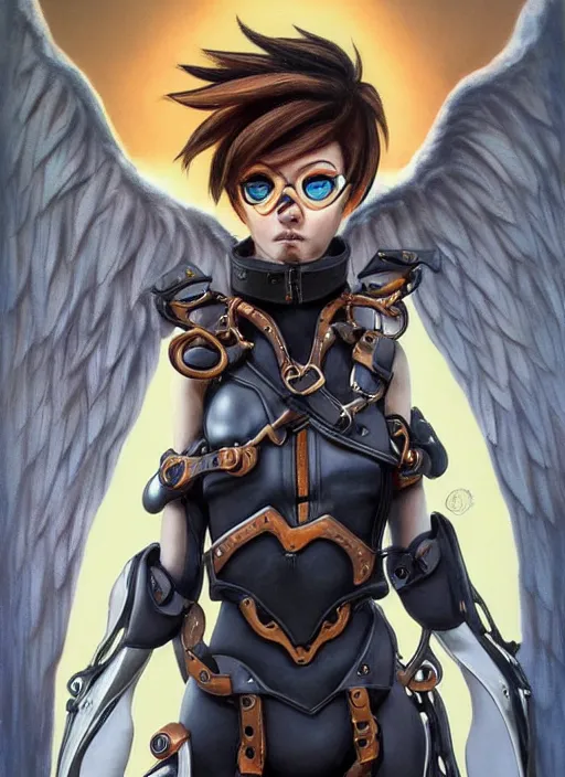 Image similar to full body artwork of tracer overwatch, wearing leather collar, in style of zdzisław beksinski, angel wings, dramatic painting, symmetrical composition, wearing detailed leather collar, black shiny armor, chains, black harness, detailed face and eyes,