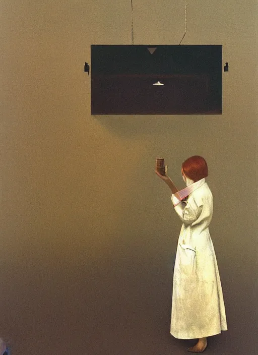 Prompt: women in paper bag over the head with portable oxygen tank Edward Hopper and James Gilleard, Zdzislaw Beksinski, highly detailed