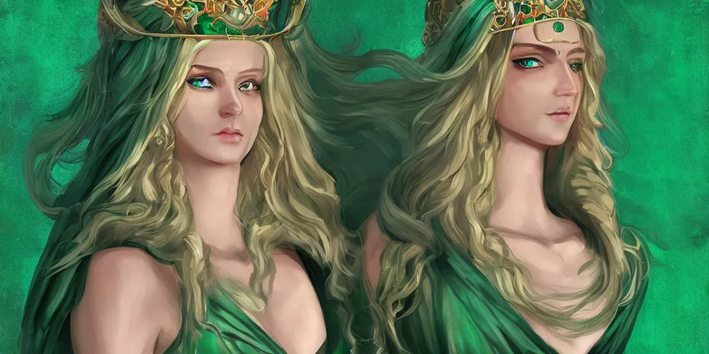 Image similar to A female godess made of stone with emerald green eyes, long blonde haired, royal dress, trending on artstation, arcane, digital media, 8k, contrasting colours