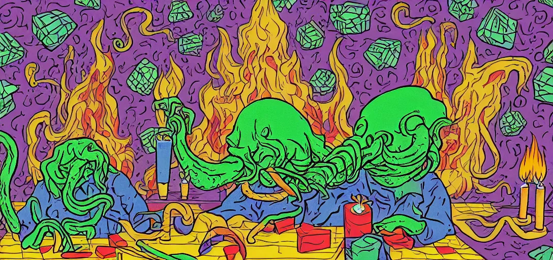 Image similar to Cthulhu laughing and blowing out the candles on his birthday cake, Mike Judge art style, 90's mtv illustration, surrealism, David Lynch film, fractal tile flooring, clean linework, vivid complementary colors