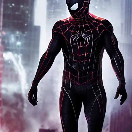 Image similar to ryan reynolds as symbiote suit spider - man, cinematic, volumetric lighting, f 8 aperture, cinematic eastman 5 3 8 4 film, photorealistic