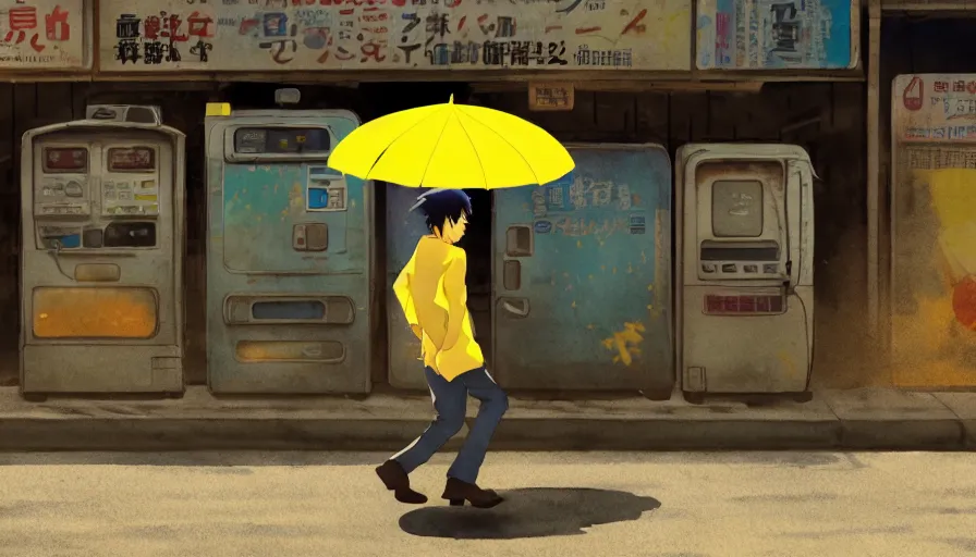 Prompt: incredible wide screenshot, ultrawide, simple watercolor, rough paper texture, anime movie scene, backlit distant shot of robot cowboy running away from the troubles of life, side view, yellow parasol in deserted dusty shinjuku junk town, broken vending machines