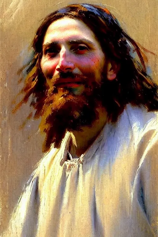 Image similar to impressionist brushstrokes!!!!!!!!! solomon joseph solomon and richard schmid and jeremy lipking victorian loose genre loose painting full length portrait painting of jesus with a slight smile happy inviting