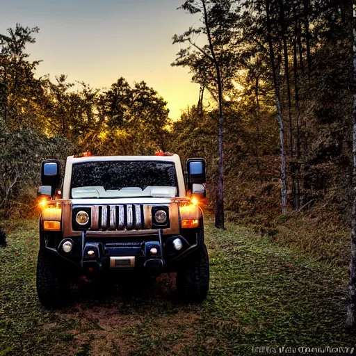 Image similar to a hummer parked in an old forest, at dusk