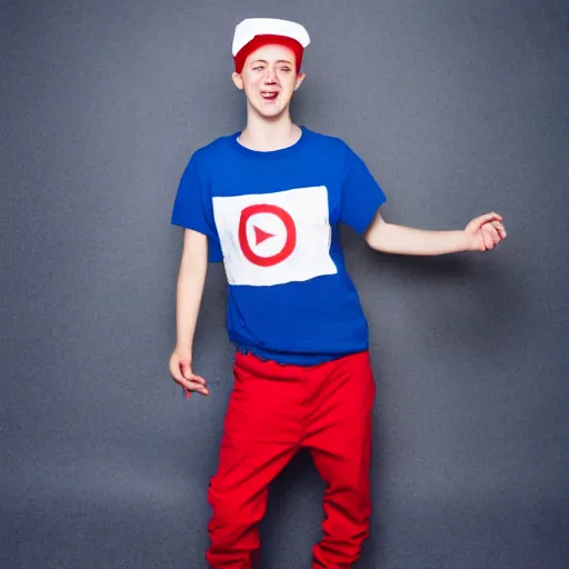 Image similar to a portrait of an average white teenage boy with blue colored hair, wearing a red backwards cap, white t - shirt with a red no symbol on it, blue long pants and red shoes, holding a microphone, studio lighting, photoshoot, grey background