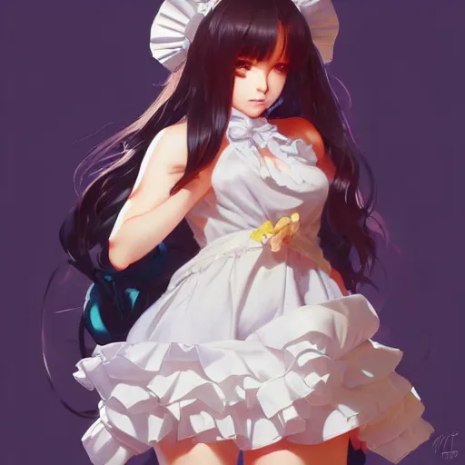 Prompt: anime girl in a maid costume, digital art, sharp focus, attractive features, fullbody portrait, slim figure, illustration, artstation, art by Artgerm and Greg Rutkowski and Alphonse Mucha , UHD