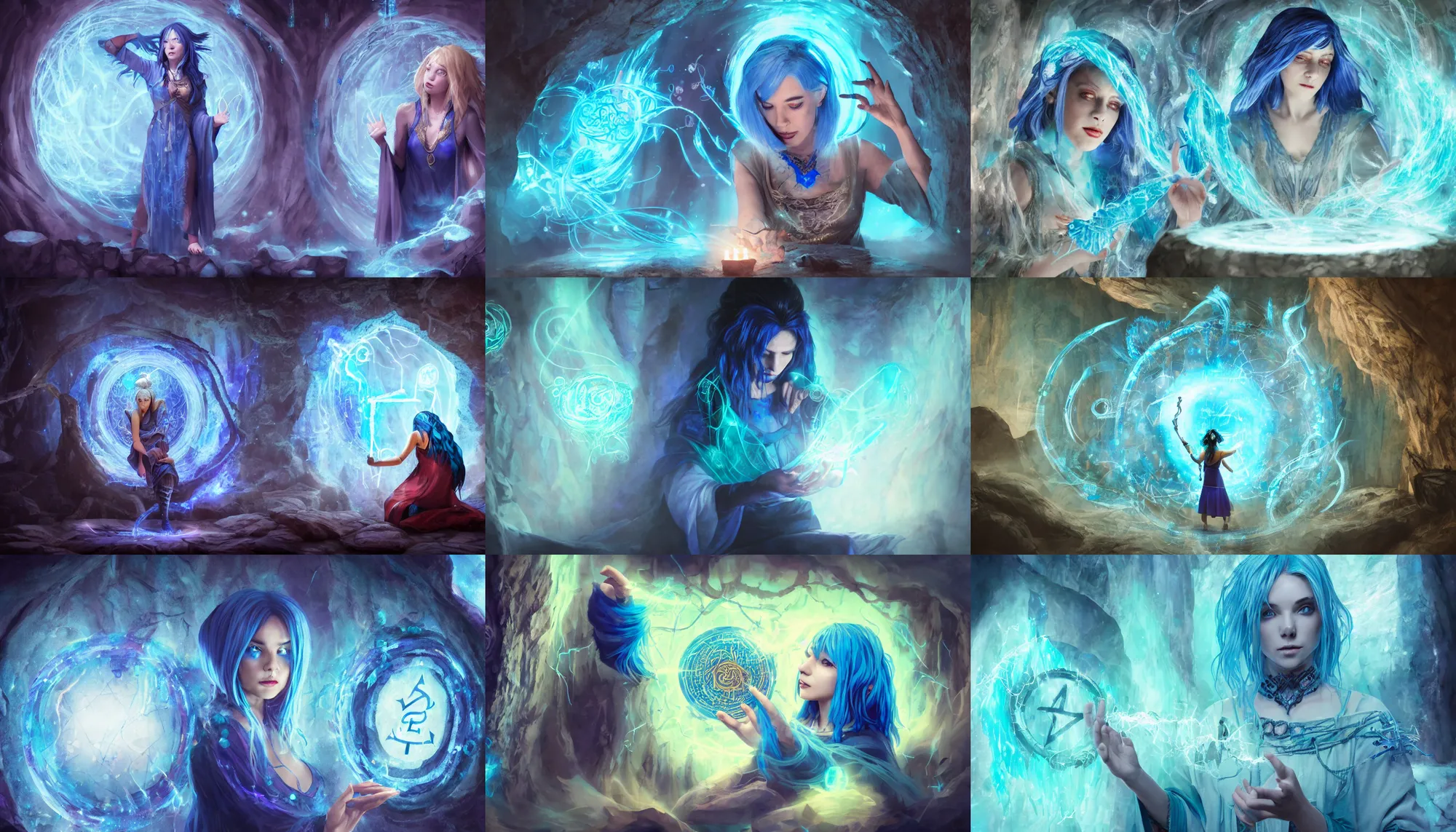 Prompt: blue haired female casting a spell, floating sigils, floating runes, floating spellbook, flowing robes, in a cave with crystals on the walls, electric vines and swirls, artstation, fantasy, cinematic composition, dramatic lighting, trending, 8 k hd