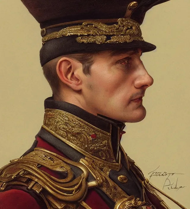 Prompt: portrait of an austrian man wearing a traditional nineteenth century austro - hungarian empire military uniform, metal shoulder pauldrons, intricate, highly detailed, digital painting, artstation, concept art, sharp focus, cinematic lighting, illustration, art by artgerm and greg rutkowski, alphonse mucha, cgsociety