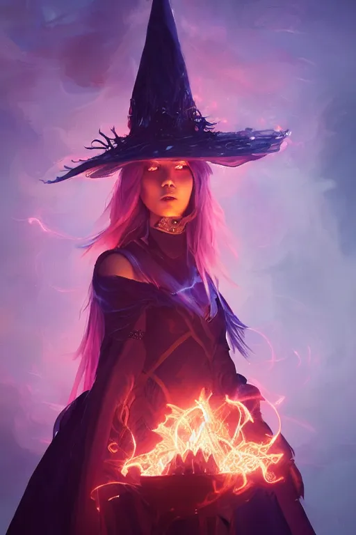 Image similar to a fancy portrait of a beautiful dark magician girl with a large witches hat covered in coloured flames by Greg Rutkowski, Sung Choi, Mitchell Mohrhauser, Maciej Kuciara, Johnson Ting, Maxim Verehin, Peter Konig, final fantasy , mythical, 8k photorealistic, cinematic lighting, HD, high details, atmospheric,