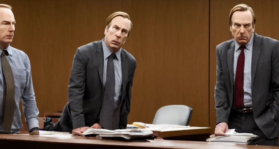 Image similar to bob odenkirk intensely arguing with michael mckean in court, still from better call saul