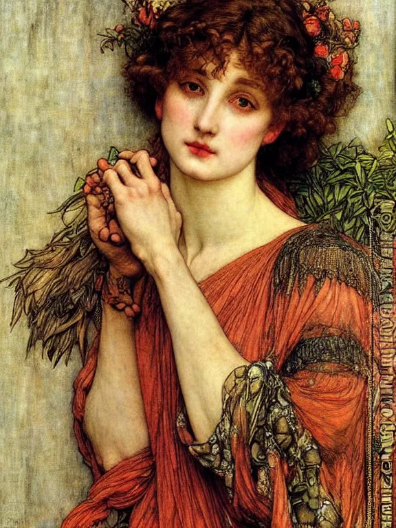 Image similar to Goddess. Extremely high detail, details, realistic, masterpiece, colorful. Portrait painting by Arthur Rackham, Eugene de Blaas, Frederic Leighton