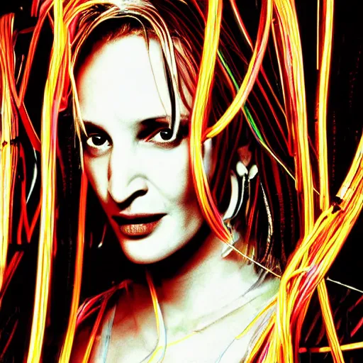 Prompt: portrait uma thurman with lots of neon wires arownd the head, futuristic, high intricate detail,