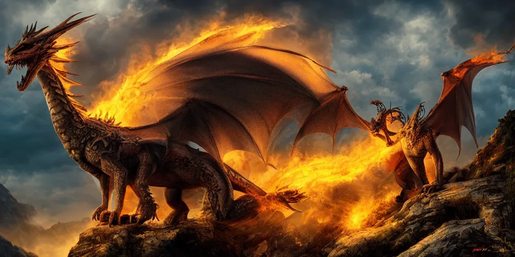 Prompt: a dragon breathing fire on the top of a mountain, epic composition, detailed and intricate image, cinematic, 4 k